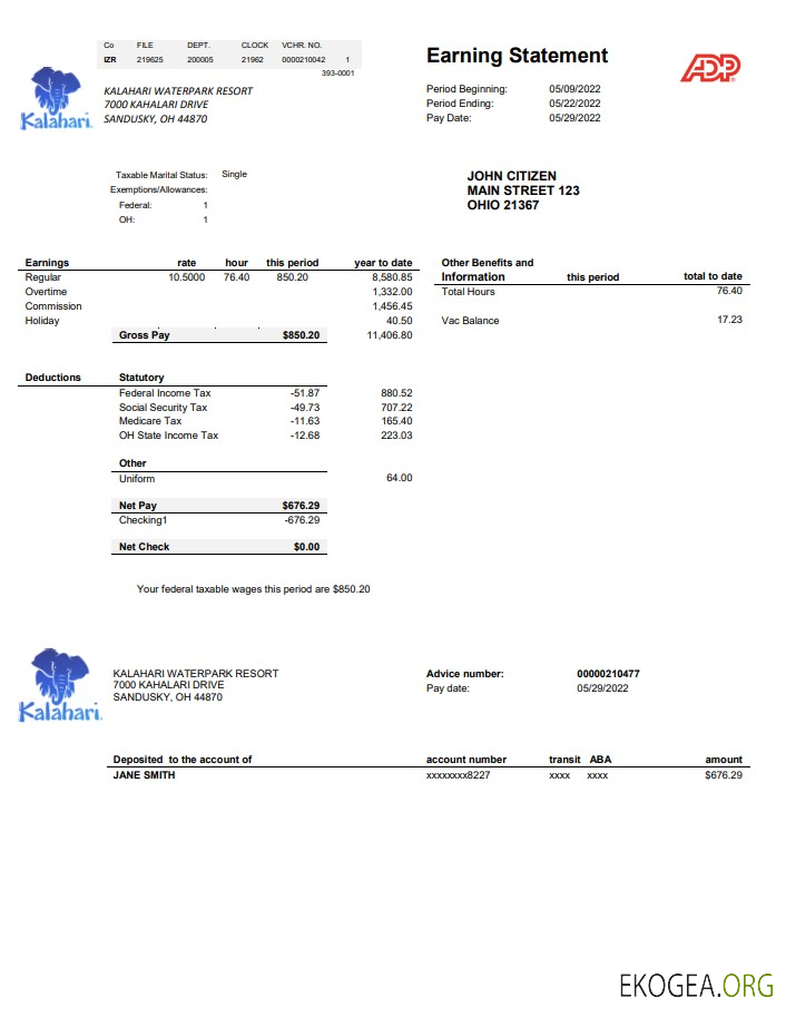 USA Ohio Kalahari Waterpark Resort utility bill template in Word and PDF format
